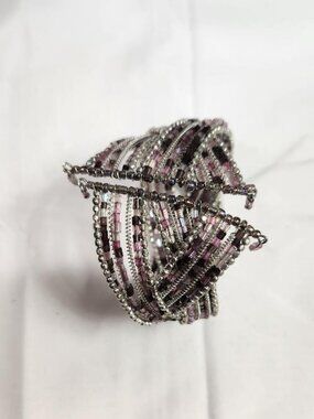 Pink Silver and Purple Beaded Wire Cuff Bracelet
